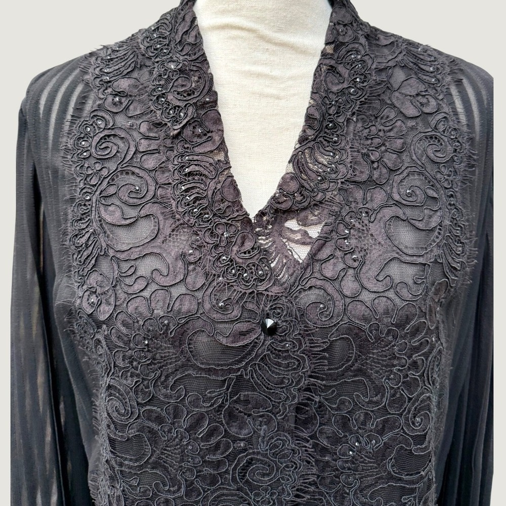 Carmen Marc Valvo Signature Black Silk Beaded Lace Pleated Evening Blouse 16